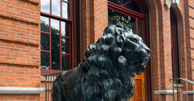 Lion statue outside Saratoga Springs City Hall