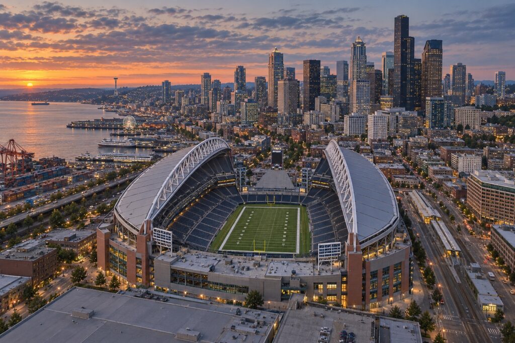 Editorial illustration of Lumen Field with downtown Seattle and Elliott Bay at sunset.