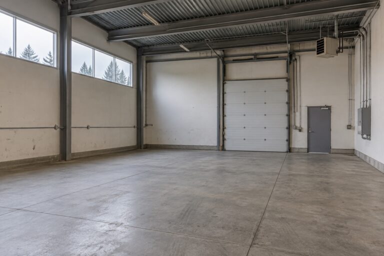 Empty light-industrial unit with a loading door, steel roof beams, exposed utilities, and a worn concrete floor.