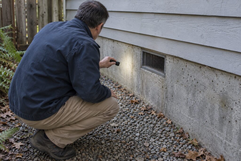 An inspector checks a home’s exterior foundation and crawlspace vent with a flashlight.