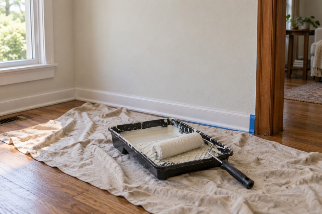 Paint tray and roller on a canvas drop cloth beside a freshly painted wall in a sunlit home.