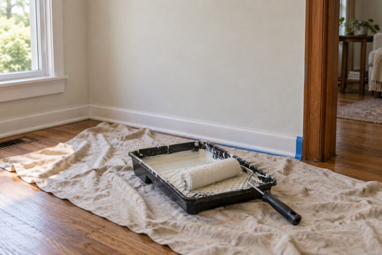 Paint tray and roller on a canvas drop cloth beside a freshly painted wall in a sunlit home.