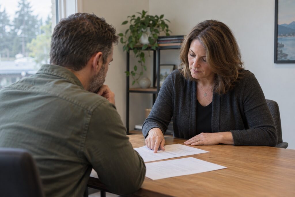 Two adults quietly review a real estate agreement together at an office table.