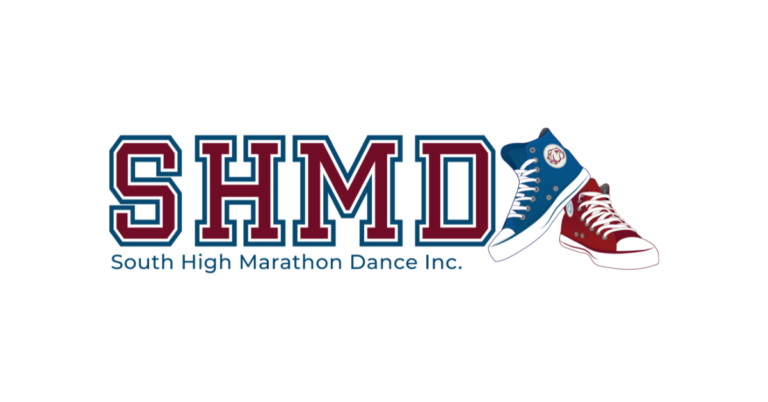 South High Marathon Dance logo with burgundy and blue lettering and red and blue sneakers.