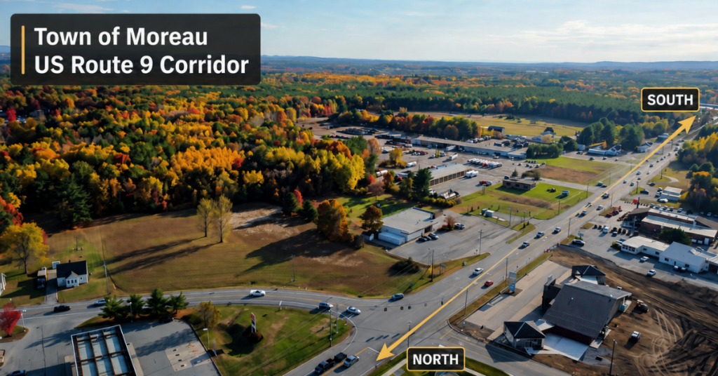 Aerial view of the Town of Moreau US Route 9 Corridor with north and south directions labeled.