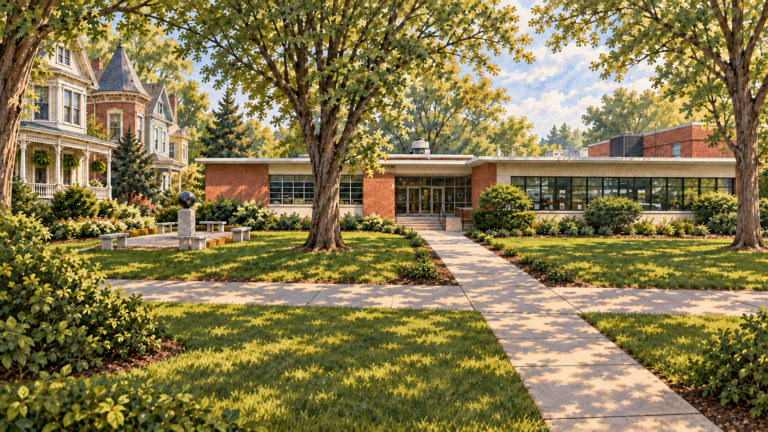 Illustrated County Clerk office building and Victorian homes framed by leafy trees, lawn, and a sidewalk.