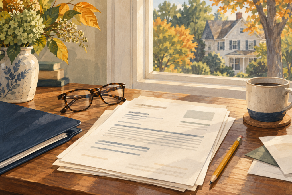 Editorial illustration of paperwork, reading glasses, a pencil, and coffee on a desk overlooking a house and autumn trees.