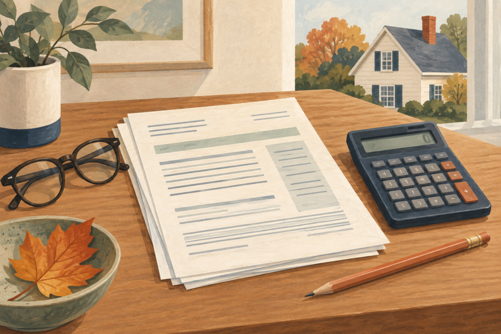 Illustration of tax paperwork, a calculator, reading glasses, and a pencil on a desk beside an autumn window.