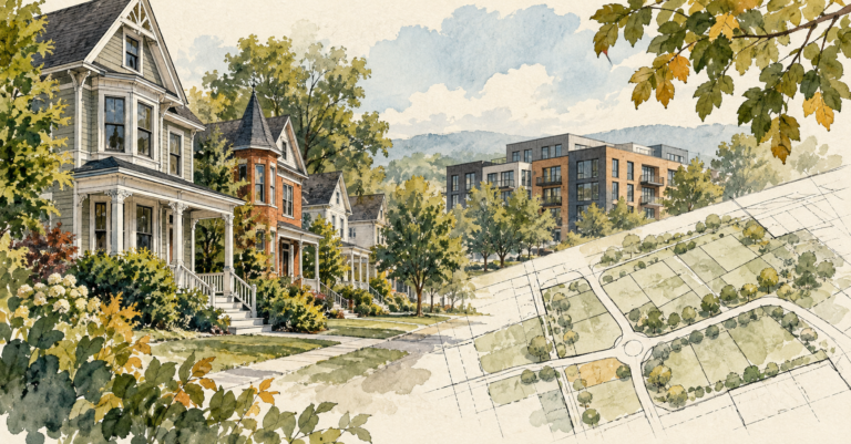Watercolor editorial illustration of Victorian homes, a contemporary building, and conceptual parcel drawings framed by early autumn foliage.