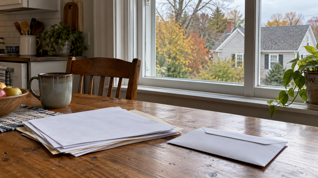 Papers and an envelope on a kitchen table beside a window overlooking an autumn home.
