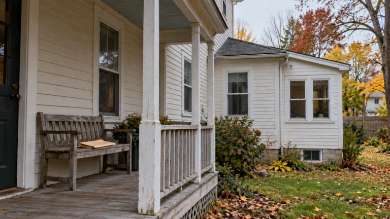 Conceptual illustration of an older clapboard home with a side porch and rear room.