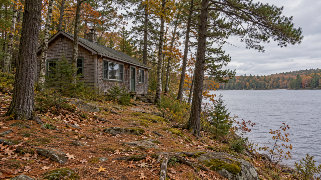 Conceptual illustration of a modest cedar cabin in autumn woodland beside a lake.