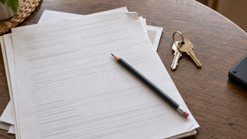 Conceptual illustration of home-financing paperwork, a pencil and house keys on a table.