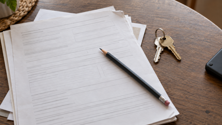 Conceptual illustration of home-financing paperwork, a pencil and house keys on a table.
