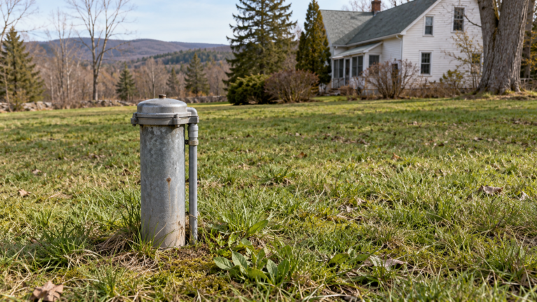 A sealed private well casing in a rural yard with a modest home in the background.