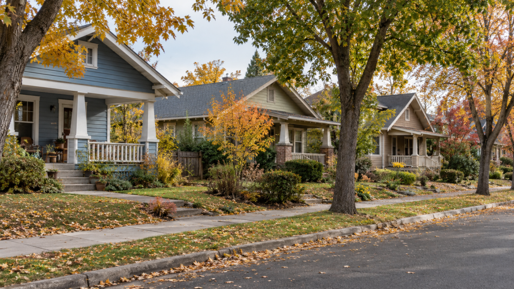 Distinct modest bungalows along a quiet residential street with autumn trees.