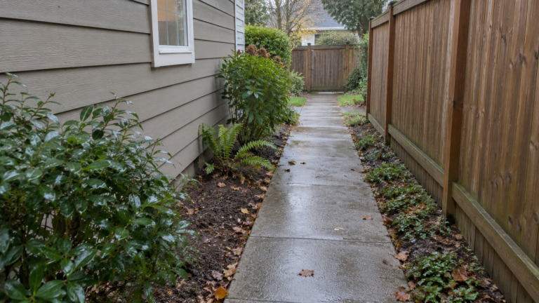 A damp concrete side path between a house and cedar fence, with fallen leaves and small shrubs.