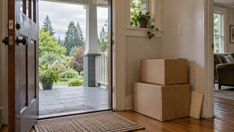 Two moving boxes and a plain folder beside an open doorway to a green front porch.