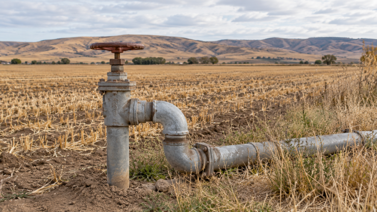 Weathered irrigation valve and connected pipe at the edge of a harvested field beneath dry rolling hills.