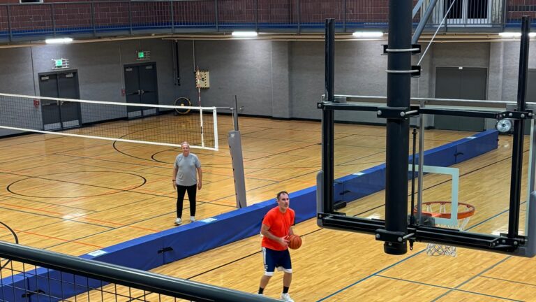 Basketball activity at Issaquah Community Center, viewed from the indoor track.