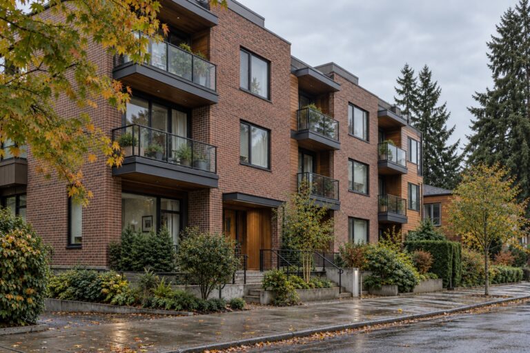 Brick condominium building with balconies, autumn trees and a damp sidewalk.