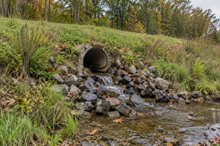 Illustrative concrete drainage culvert with water flowing over stones beside an autumn woodland.