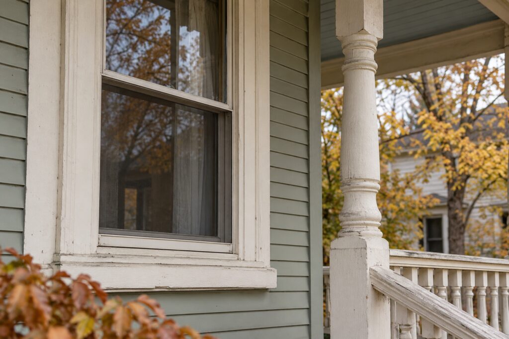 Illustration of a painted wooden sash window and porch trim on an older house.
