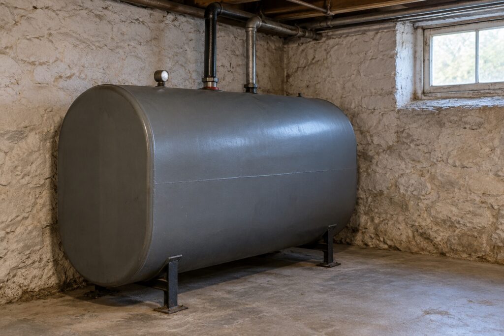 Illustration of an aboveground heating oil tank in an older home's unfinished basement.