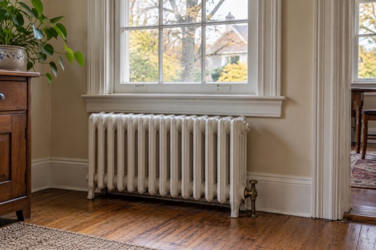 Illustration of a cast-iron radiator beneath a wood-framed window in an older home.
