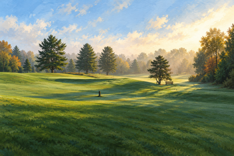 Illustration of morning light over the fairway at Queensbury Country Club.