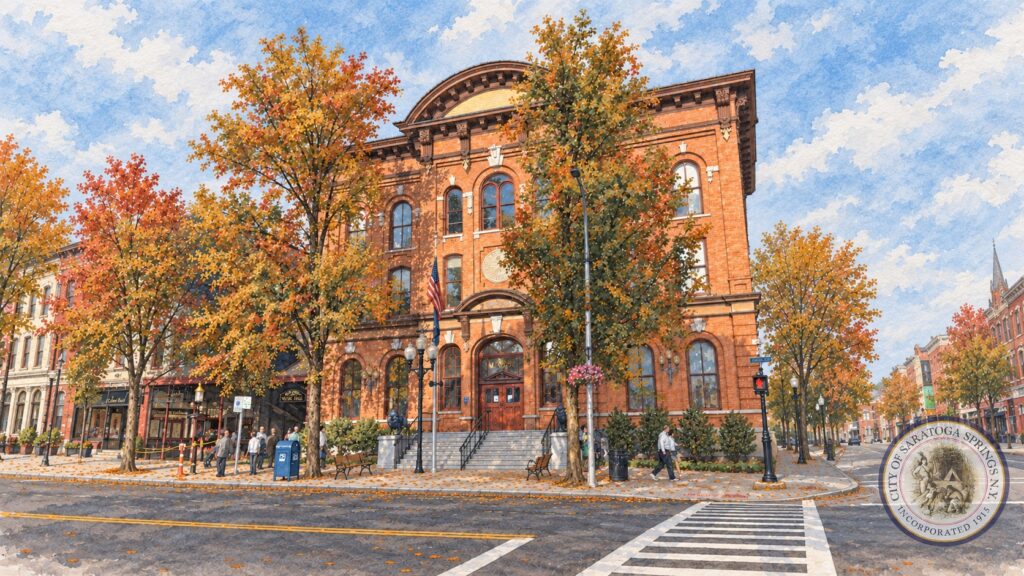 Watercolor illustration of Saratoga Springs City Hall in autumn, with a translucent city seal in the lower-right corner.