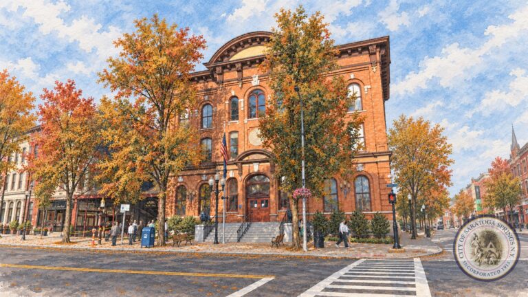 Watercolor illustration of Saratoga Springs City Hall in autumn, with a translucent city seal in the lower-right corner.