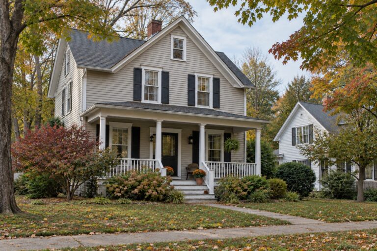 Clapboard home with a front porch and mature trees in early autumn.