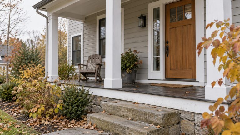 AI-generated image of an oak front door and gray clapboard porch with white columns, stone steps, a wooden chair, and fallen autumn leaves.