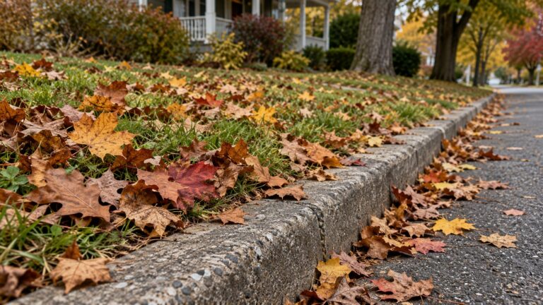 Autumn leaves along a weathered curb beside a grassy residential verge.