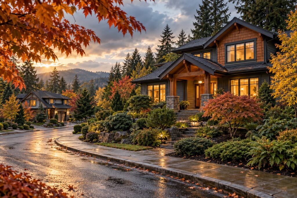 Warmly lit cedar homes beside a rain-washed street, autumn maples and evergreen trees in an imagined Seattle Eastside neighborhood.