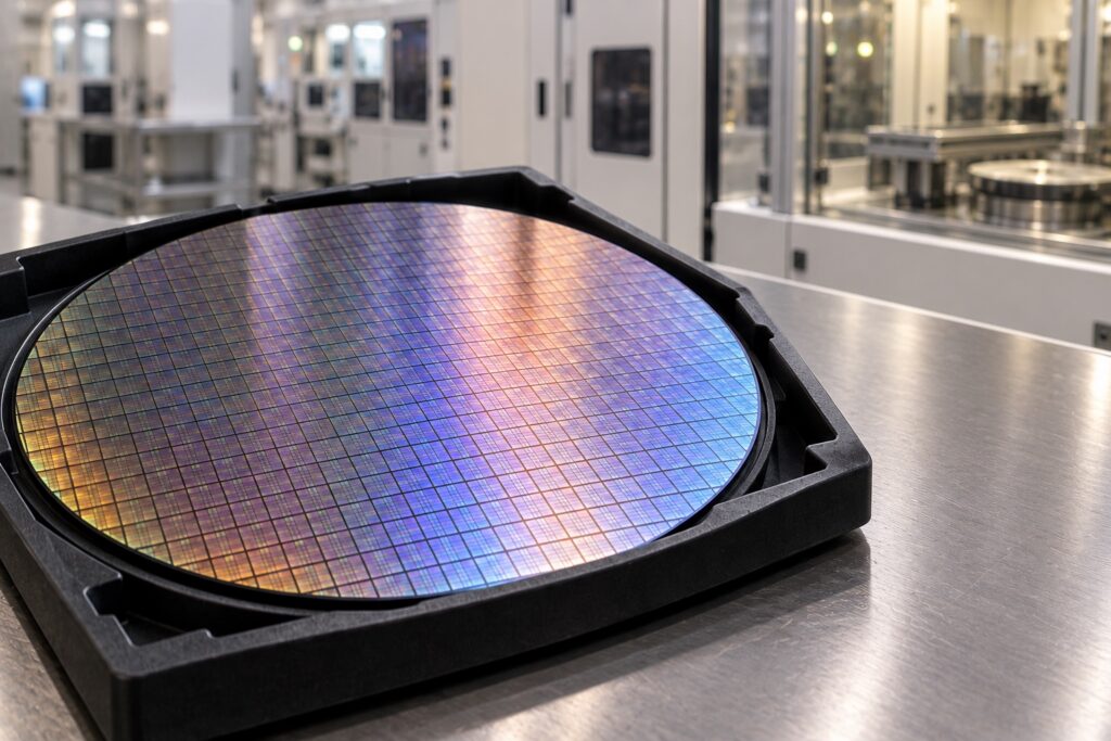 Editorial illustration of an iridescent silicon wafer in a protective carrier with semiconductor processing equipment behind it.