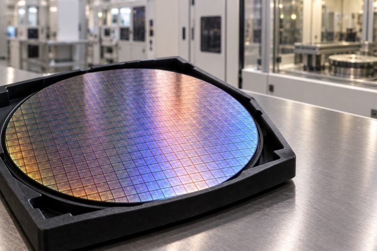 Editorial illustration of an iridescent silicon wafer in a protective carrier with semiconductor processing equipment behind it.