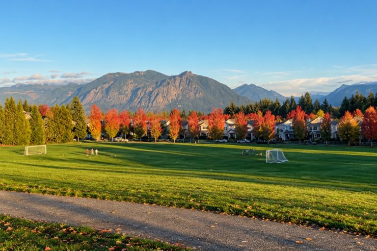 Illustration of a grassy neighborhood park with soccer goals, autumn trees, homes, and mountains beneath a clear blue sky.