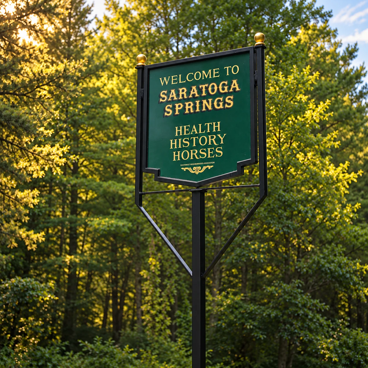 Saratoga Springs welcome sign surrounded by sunlit green trees, with gold lettering reading Health, History, Horses.