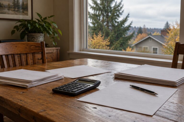 Illustration of a calculator, pen and plain papers beside a window in a home.