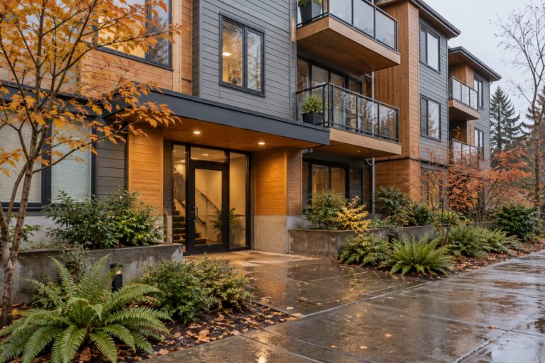 Illustration of a condominium building with a shared entrance and landscaped walkway.