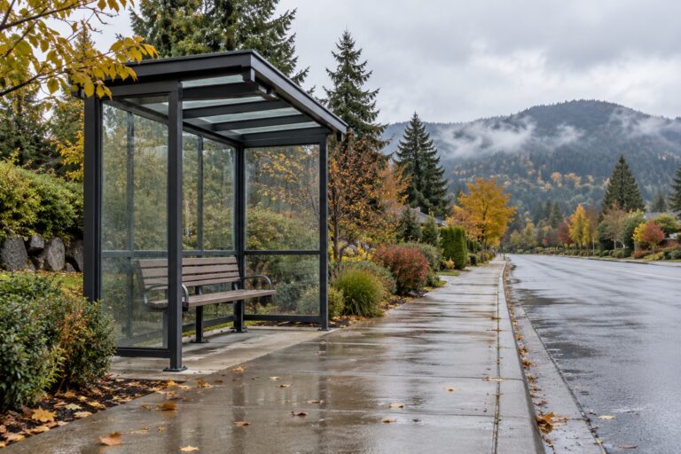 Illustration of a simple bus shelter beside a suburban sidewalk with wooded hills beyond.