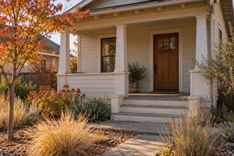 Illustration of a modest older bungalow's porch and entry with a dry-climate garden.