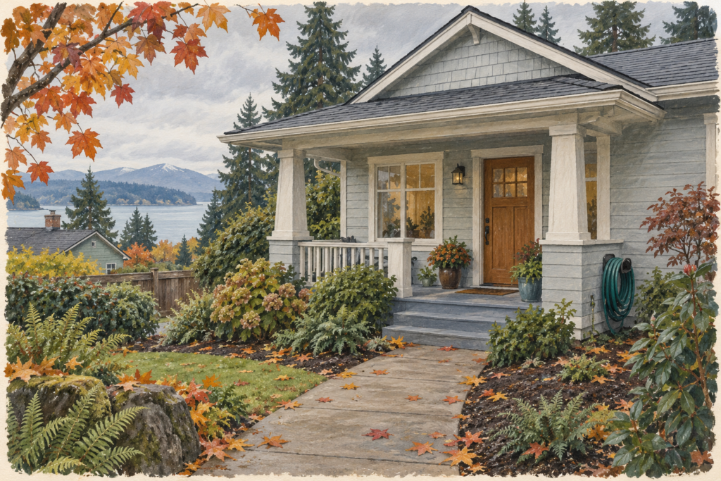 Illustration of a Washington home with a covered porch, autumn garden and evergreen trees.